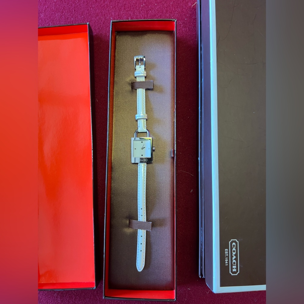 Coach Silver and White Patent Leather strap Watch